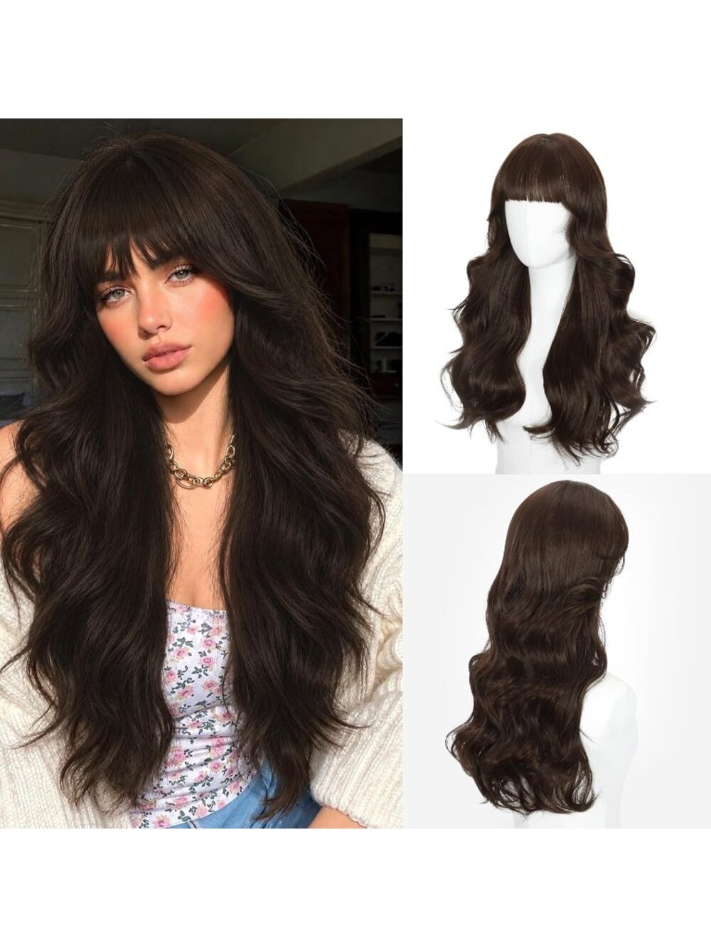 Women's Dark Brown 24 Inch Long Wavy Heat Resistant Synthetic Hair Wig Bangs